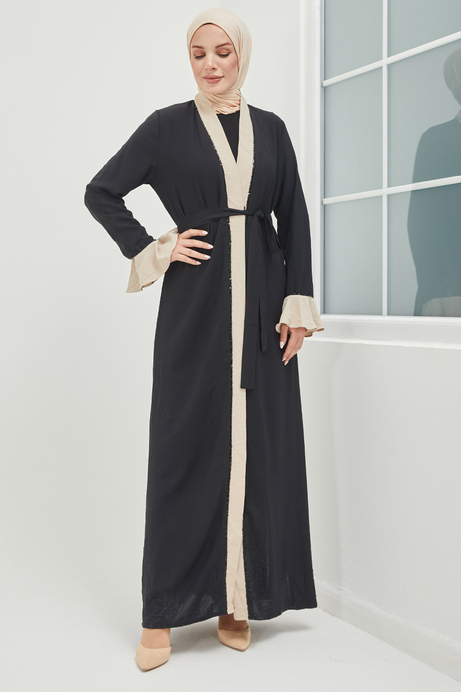 Tesettür Abaya - Siyah/Bej