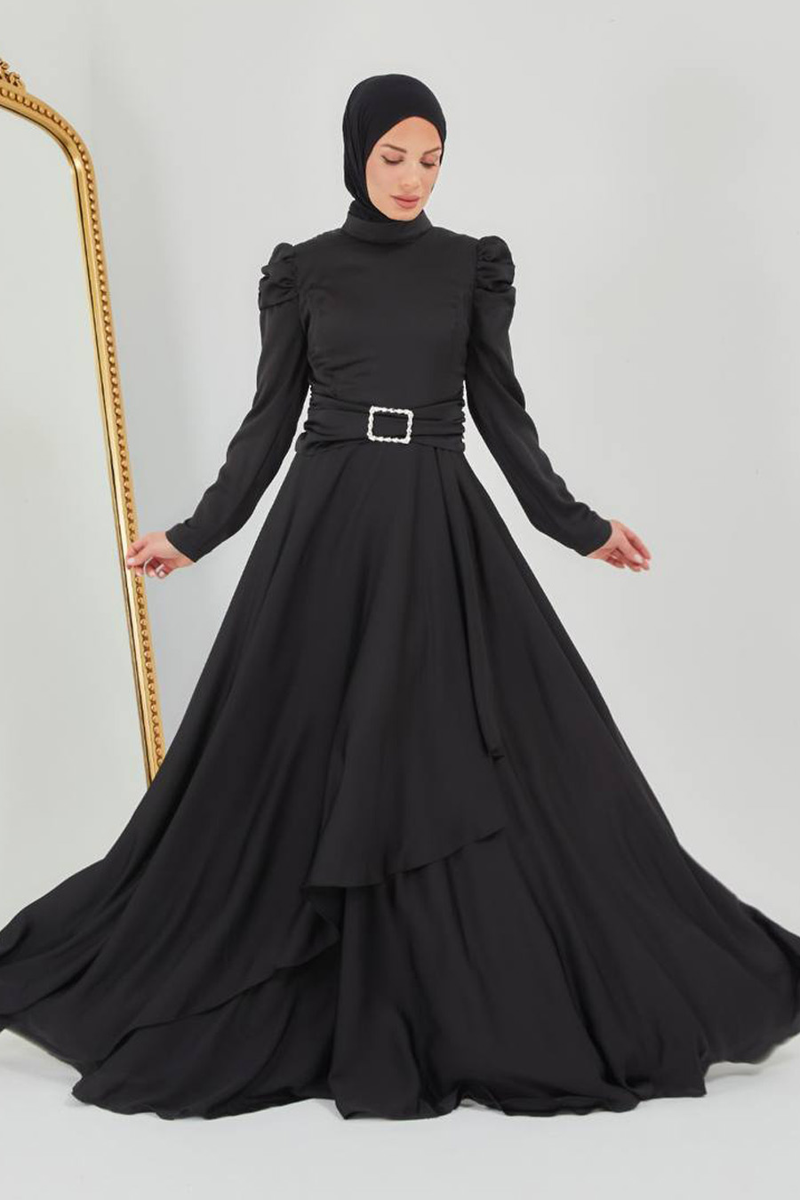 Prenses Kol Tesettür Abiye Elbise - Siyah