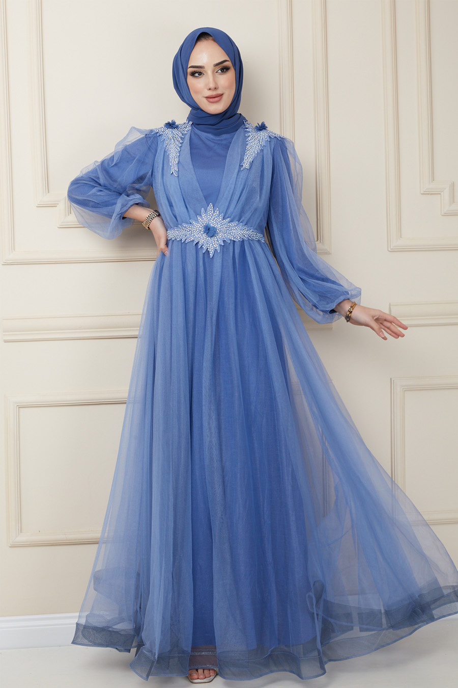 Bel ve Omuz Detaylı Abiye Elbise - Mavi