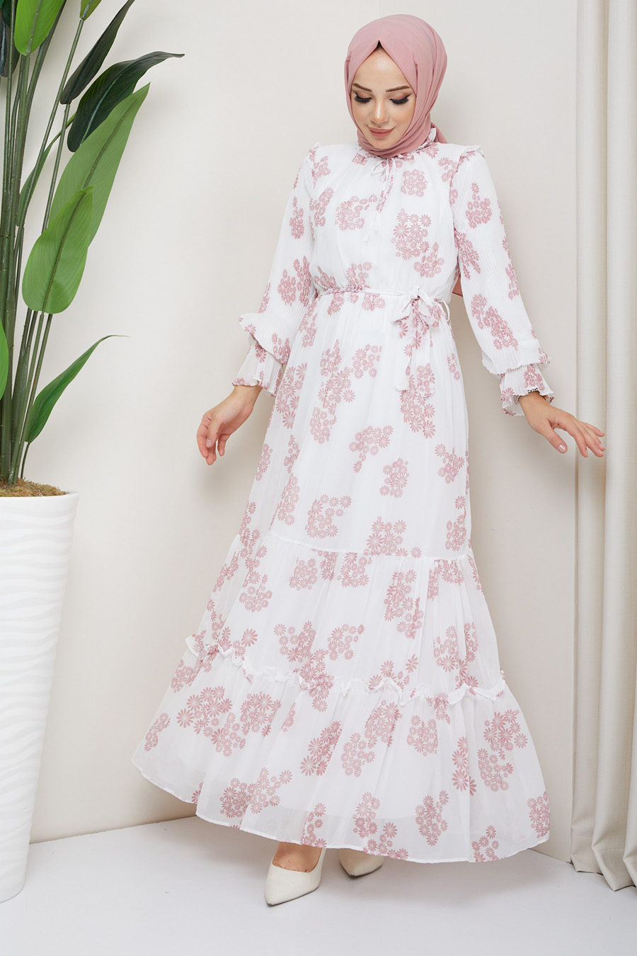 Papatya Desenli  Tesettür Elbise - PEMBE 