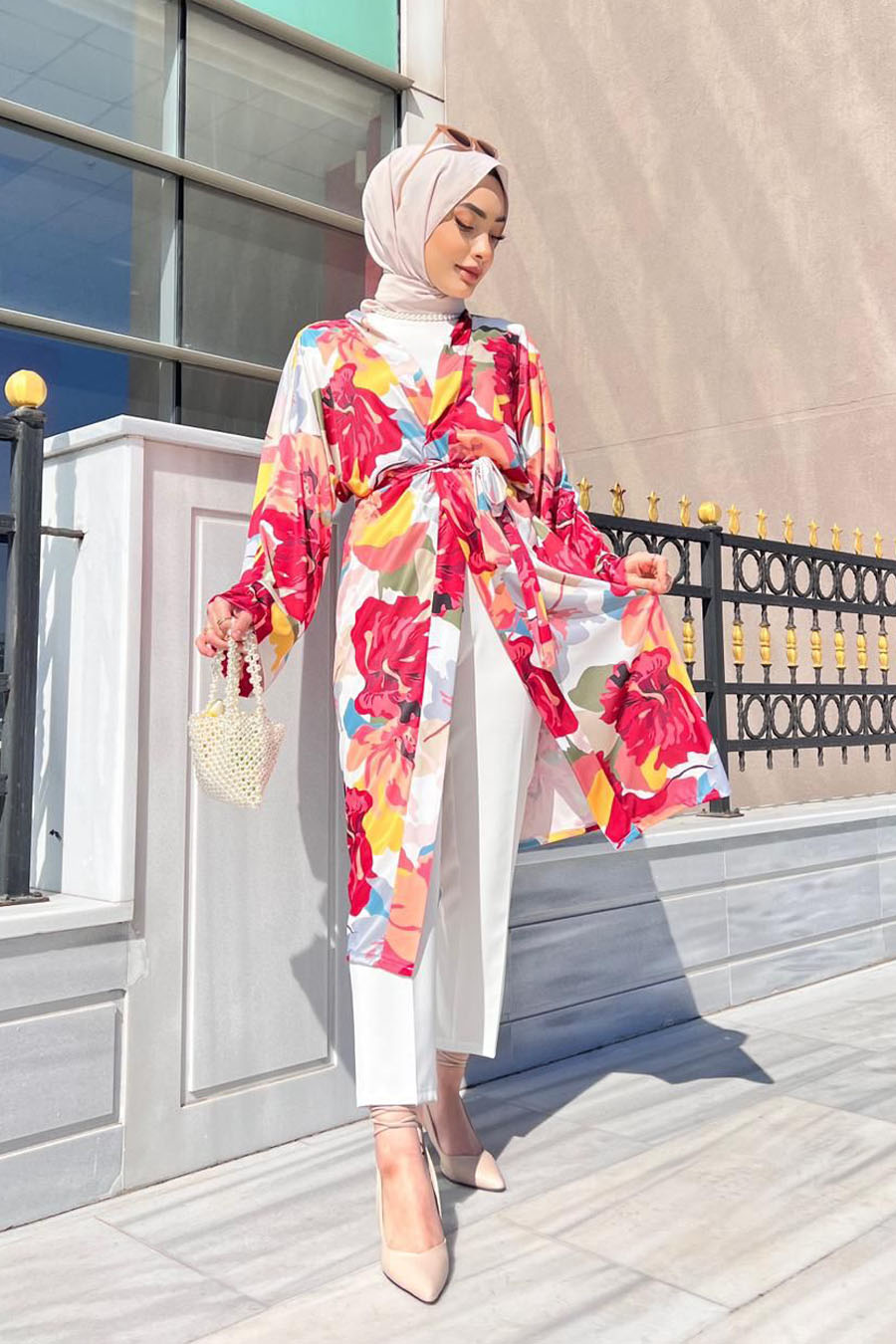 Çiçek Desenli Kimono - Gül Kurusu