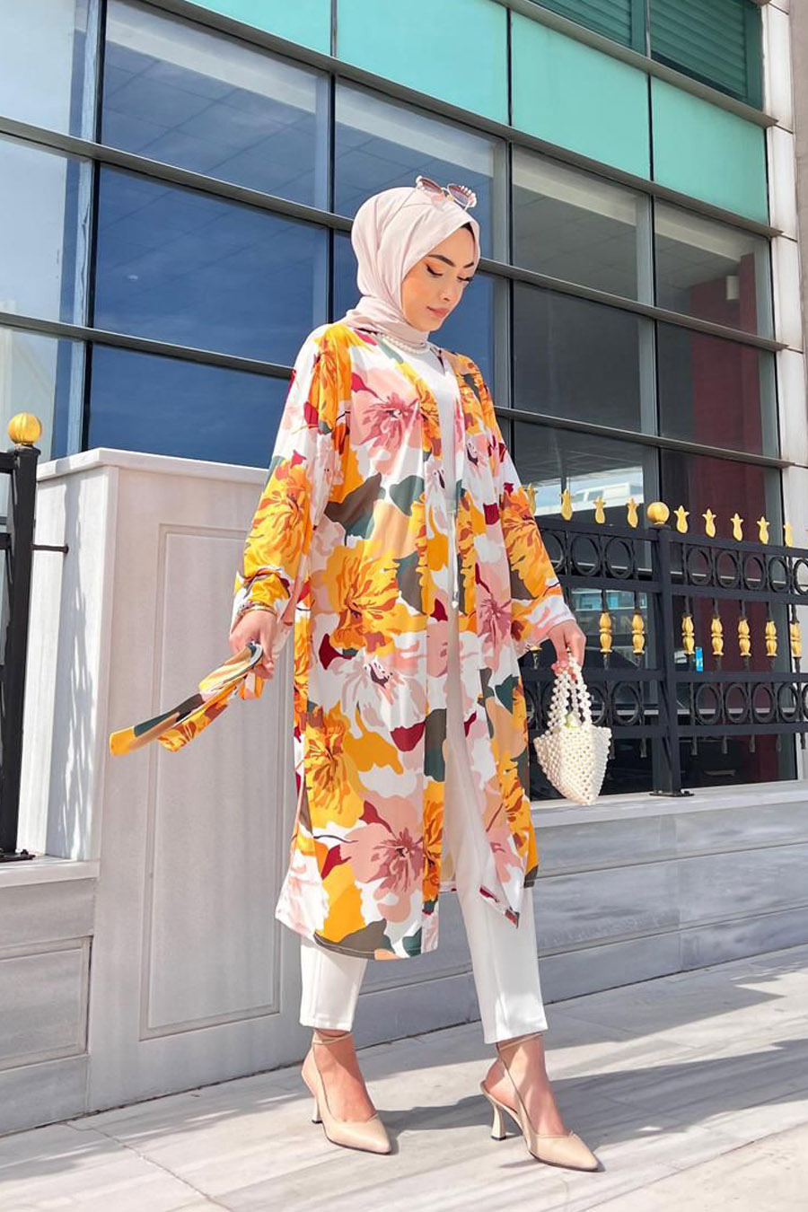 Çiçek Desenli Kimono - Hardal