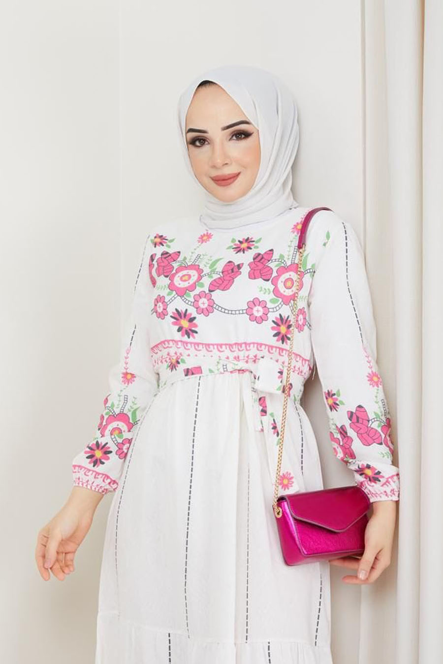 Desenli Tesettür Elbise - Pembe