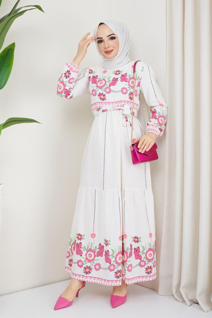 Desenli Tesettür Elbise - Pembe