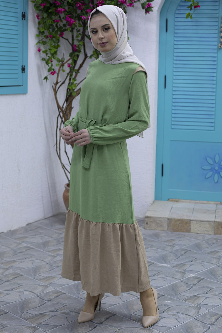 kuşaklı Tesettür Elbise - Çağla Yeşili