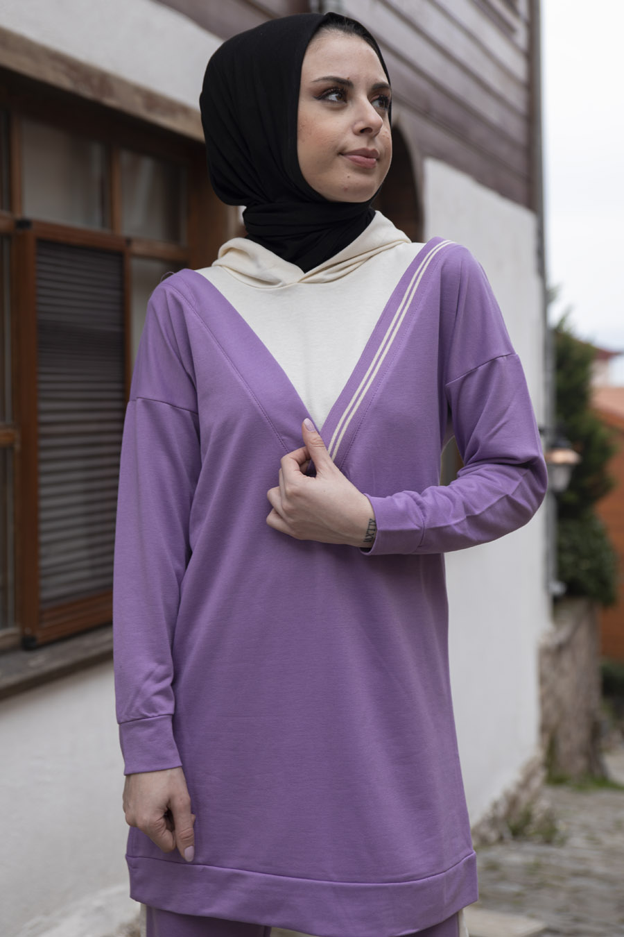 Şerit Detaylı Spor Takım - Lila