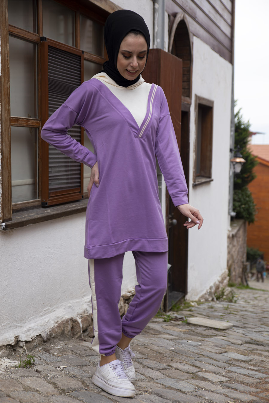 Şerit Detaylı Spor Takım - Lila
