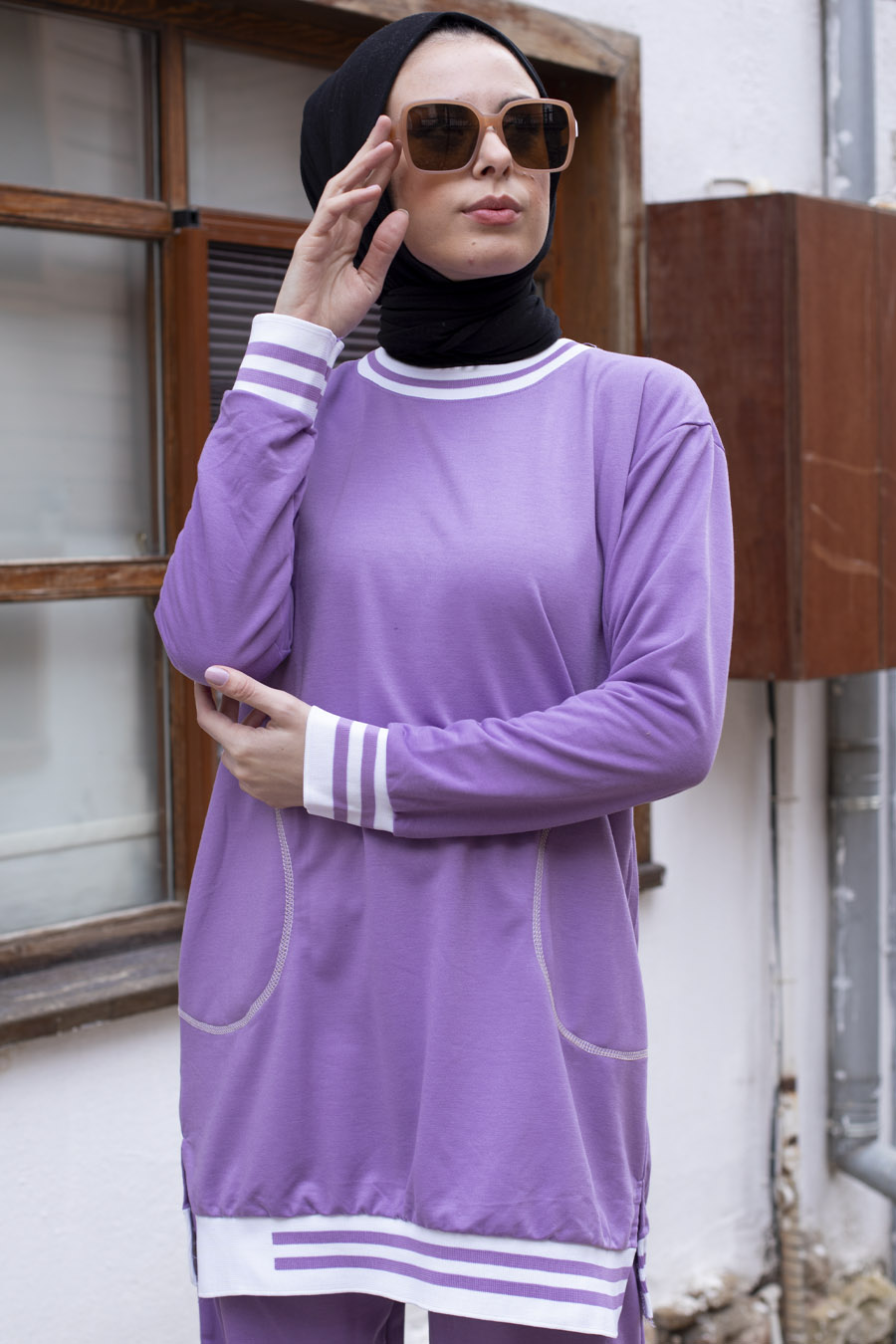 Şerit Detaylı Spor Takım - Lila