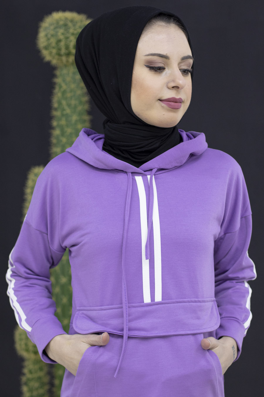 Şerit Detaylı Spor Takım - Lila