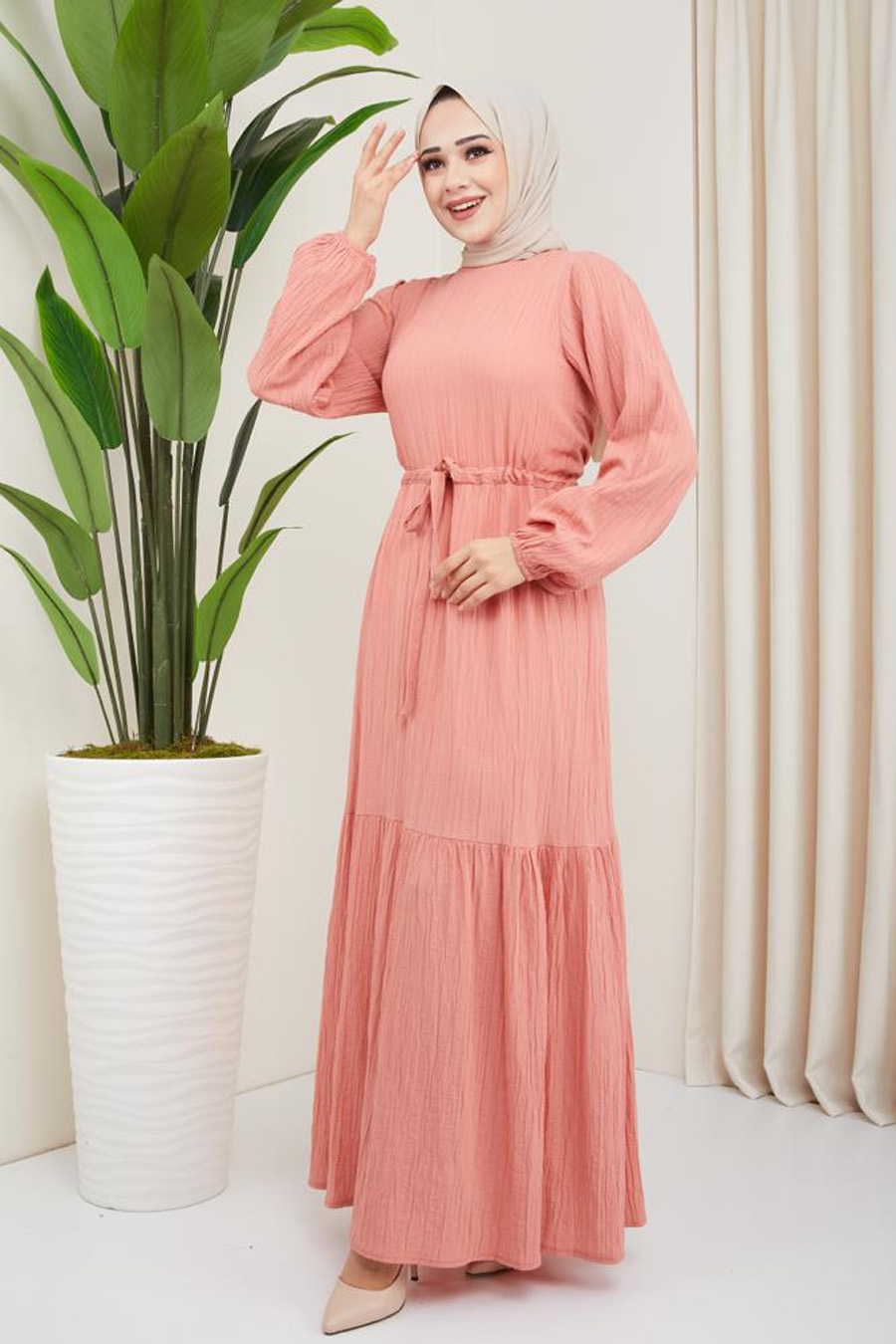 Kuşaklı Tesettür Elbise - Pembe