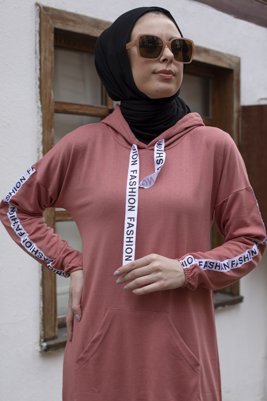 Şerit Detaylı Spor Takım - Pudra