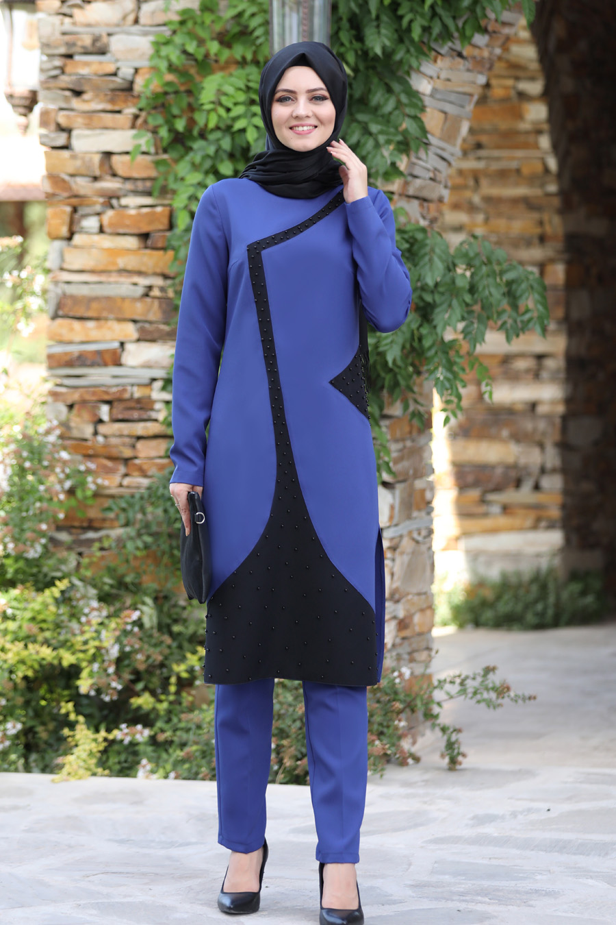Pantolonlu İkili Tesettür Takım -Saks Mavisi