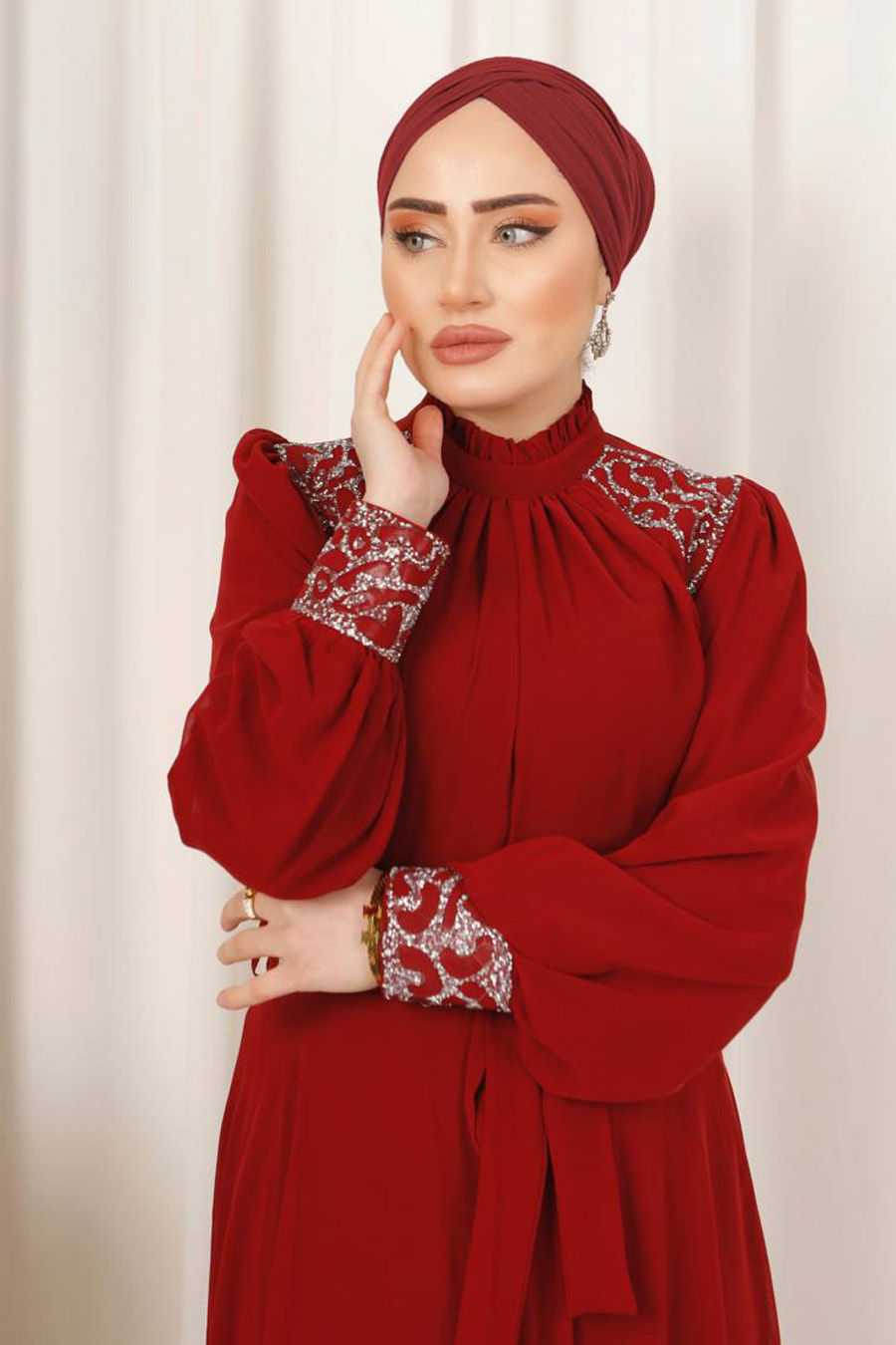 Taş Detaylı Tesettür Abiye Elbise - BORDO 