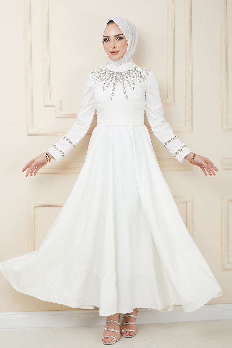 Taş Detaylı Tesettür Abiye Elbise - Beyaz