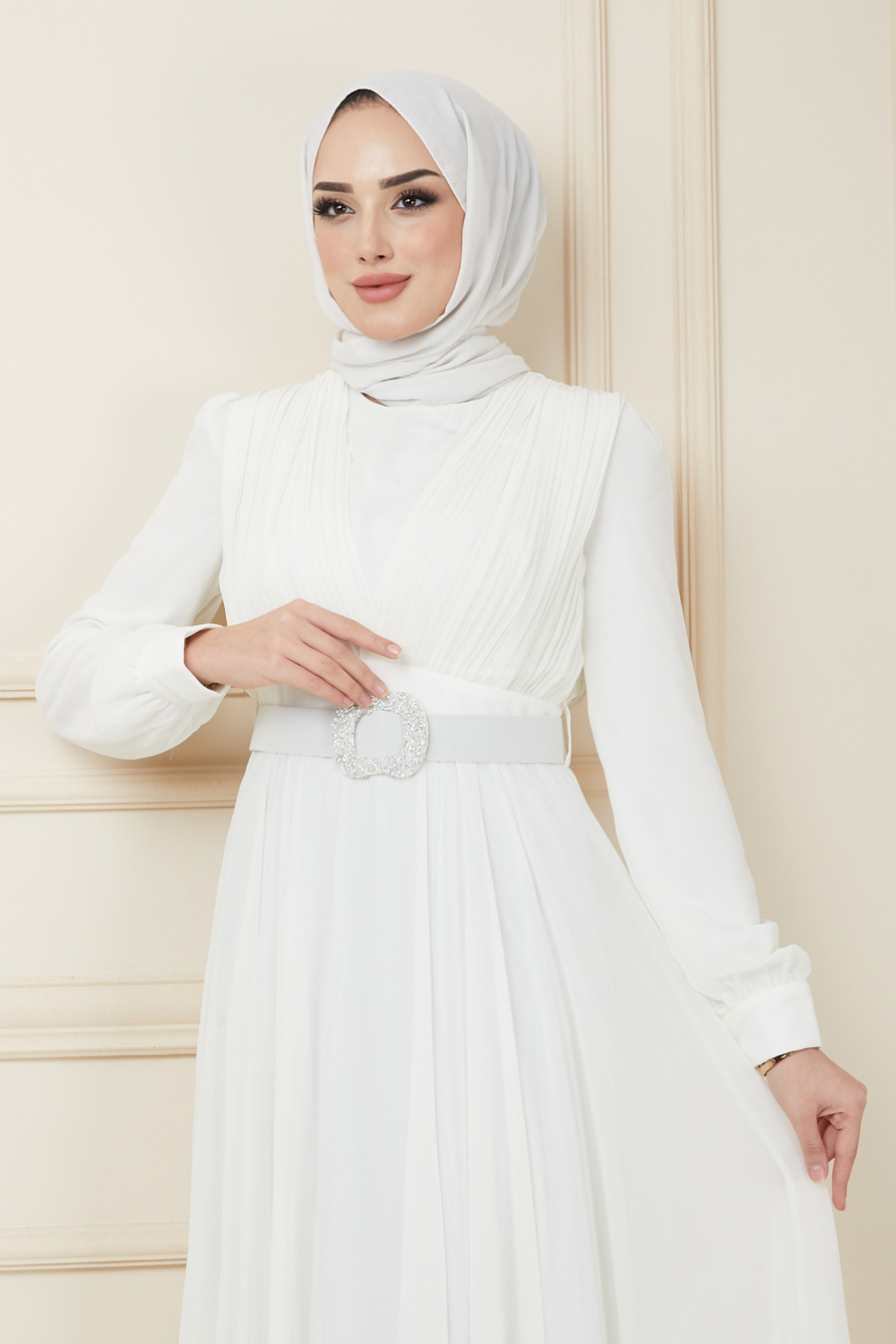 Tesettür Abiye Elbise - Beyaz