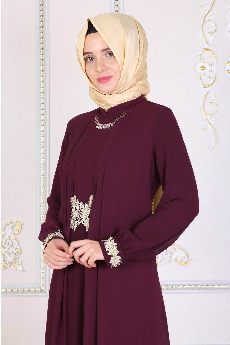 Beli Dantel Detaylı Mürdüm Tesettür Abiye Elbise Beli Dantel Detaylı Mürdüm Tesettür Abiye Elbise