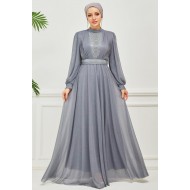 Önü Piliseli Kemerli Abiye Elbise - GRİ