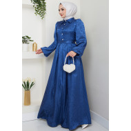 Önü Düğmeli Jakarlı Tesettür Elbise - MAVİ