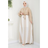 Çizgili Tesettür Elbise - Bej