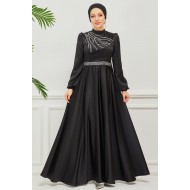 Taş Detaylı Abiye Elbise -SİYAH