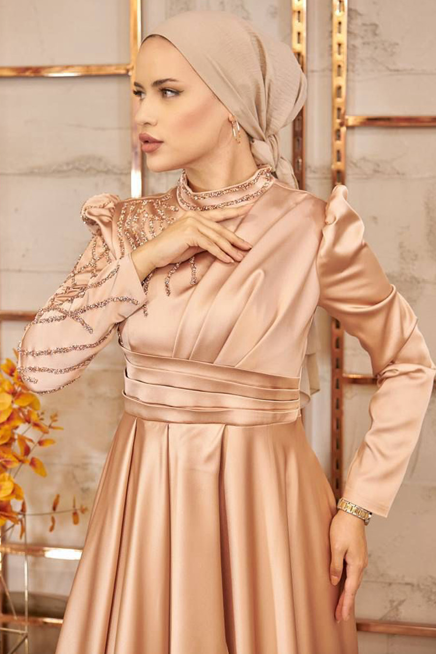Tesettür Abiye Elbise - GOLD 