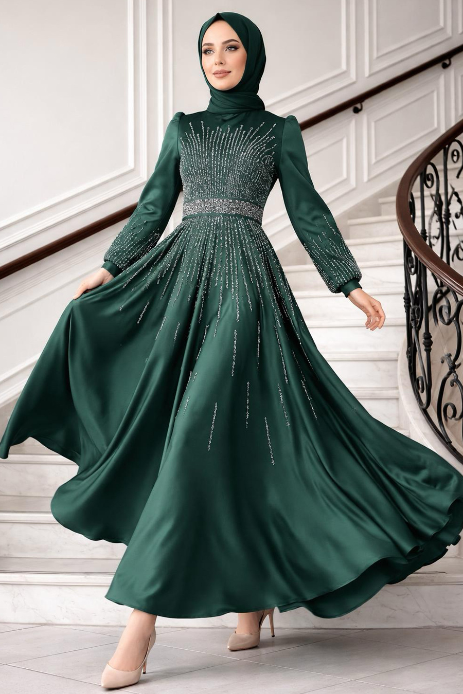 Payetli Tesettür Abiye Elbise - YEŞİL