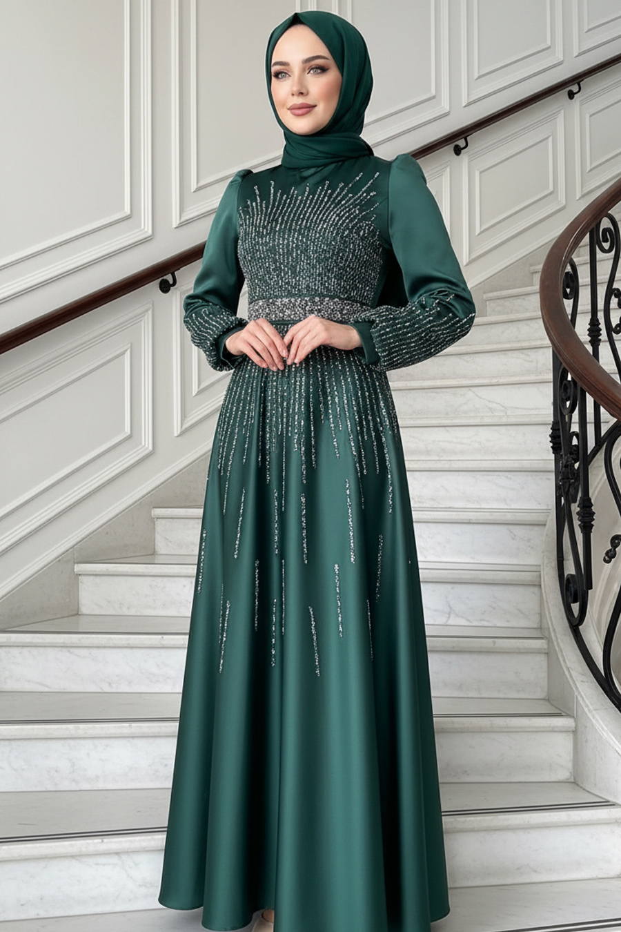 Payetli Tesettür Abiye Elbise - YEŞİL