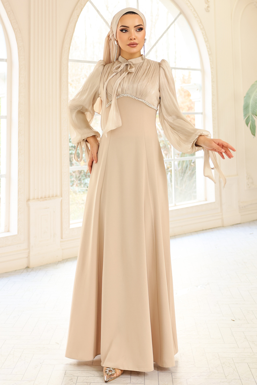 Bej Tesettür Abiye Elbise