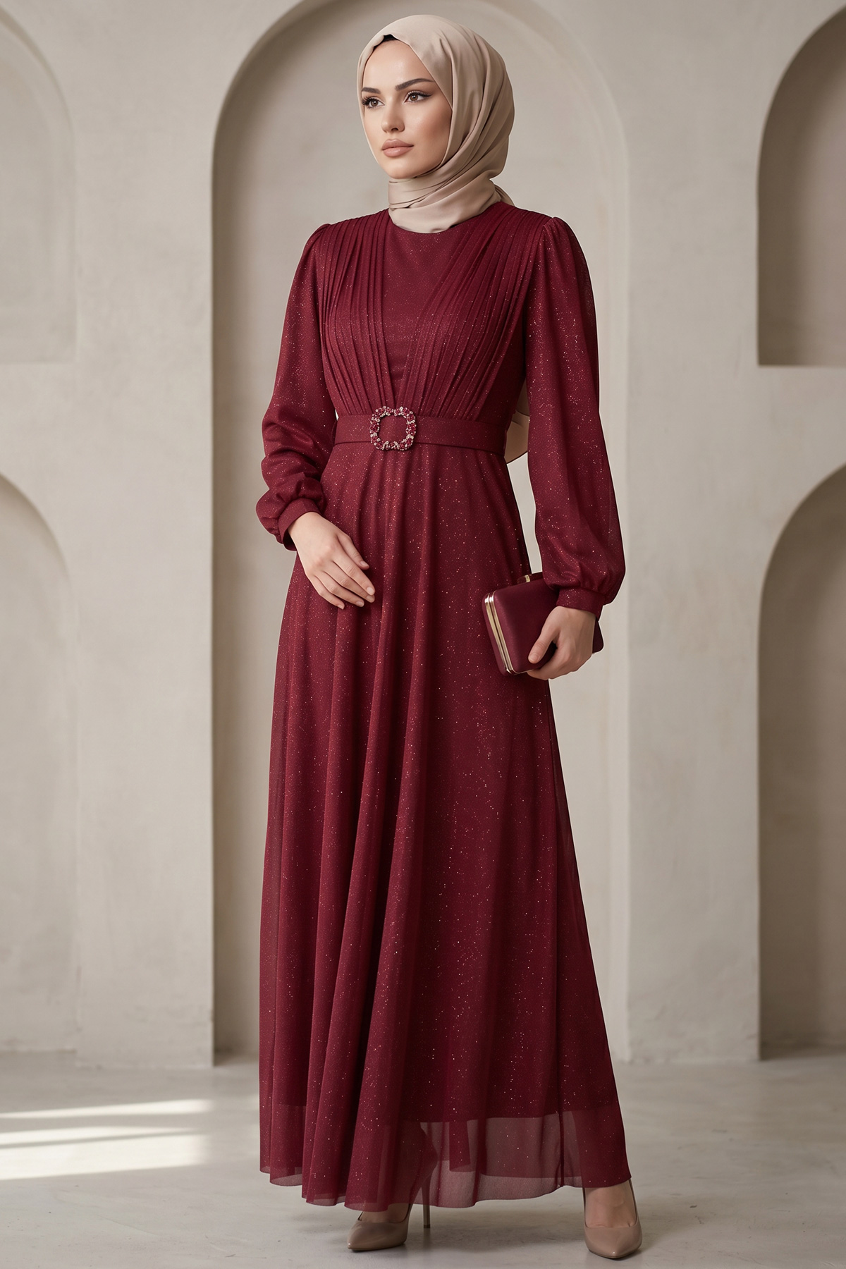 Kemerli Simli Abiye Elbise - BORDO