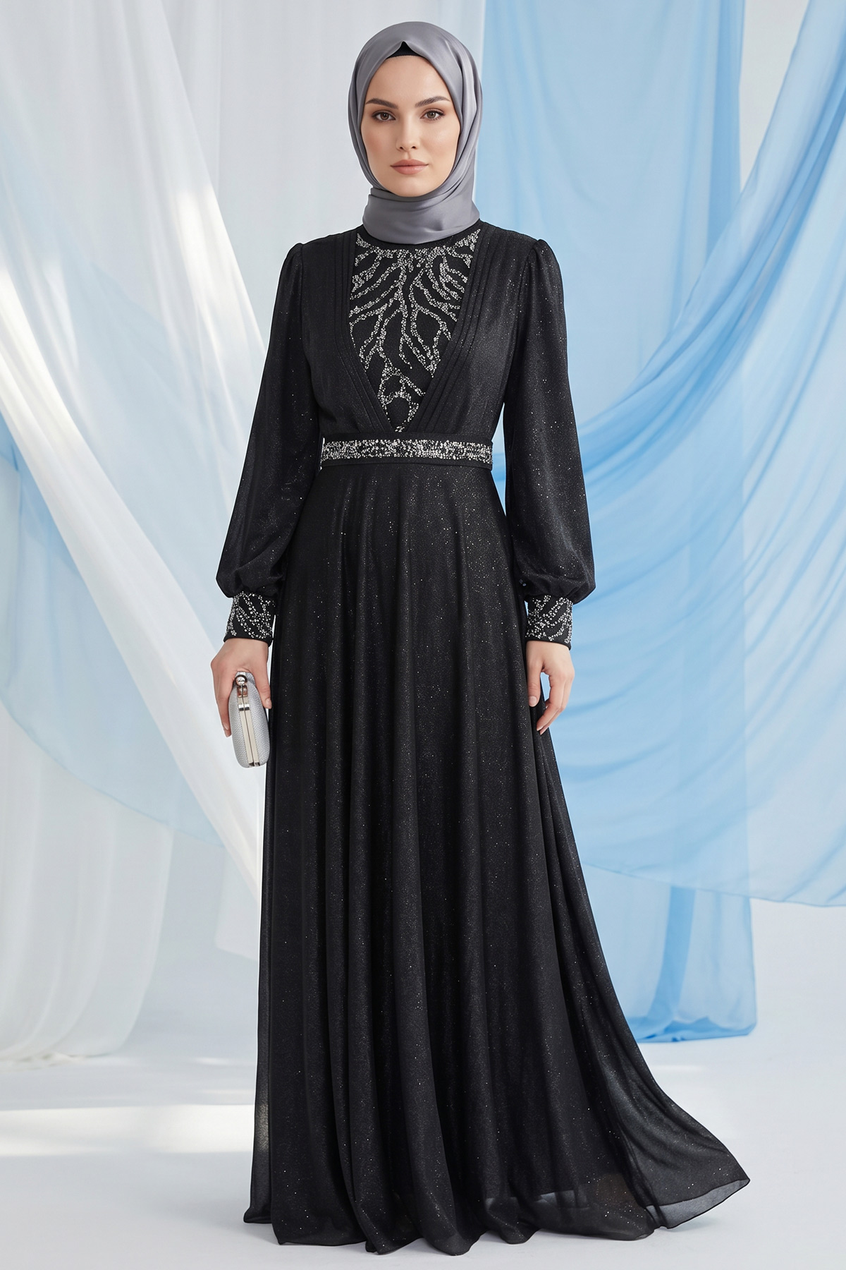 Taşlı Simli Abiye Elbise - Siyah