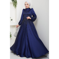 Taş Detaylı Abiye Elbise -LACİVERT