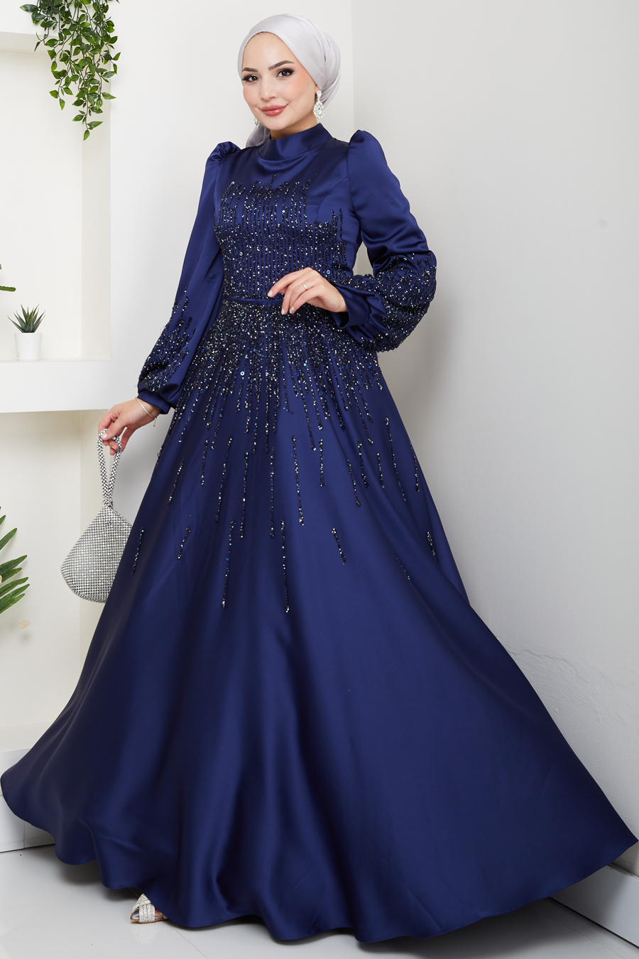 Taş Detaylı Abiye Elbise -LACİVERT