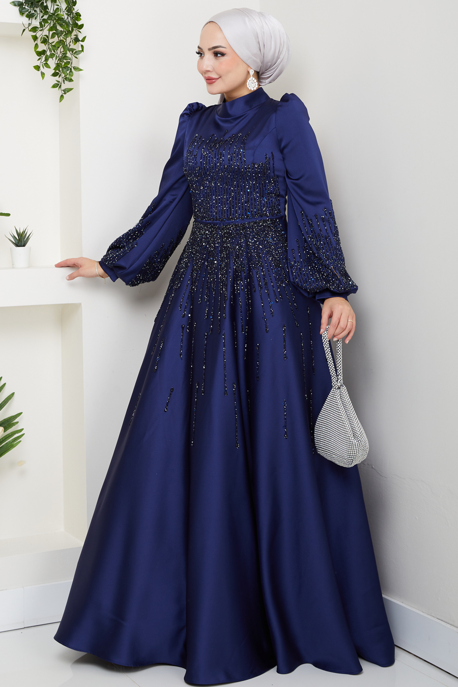 Taş Detaylı Abiye Elbise -LACİVERT