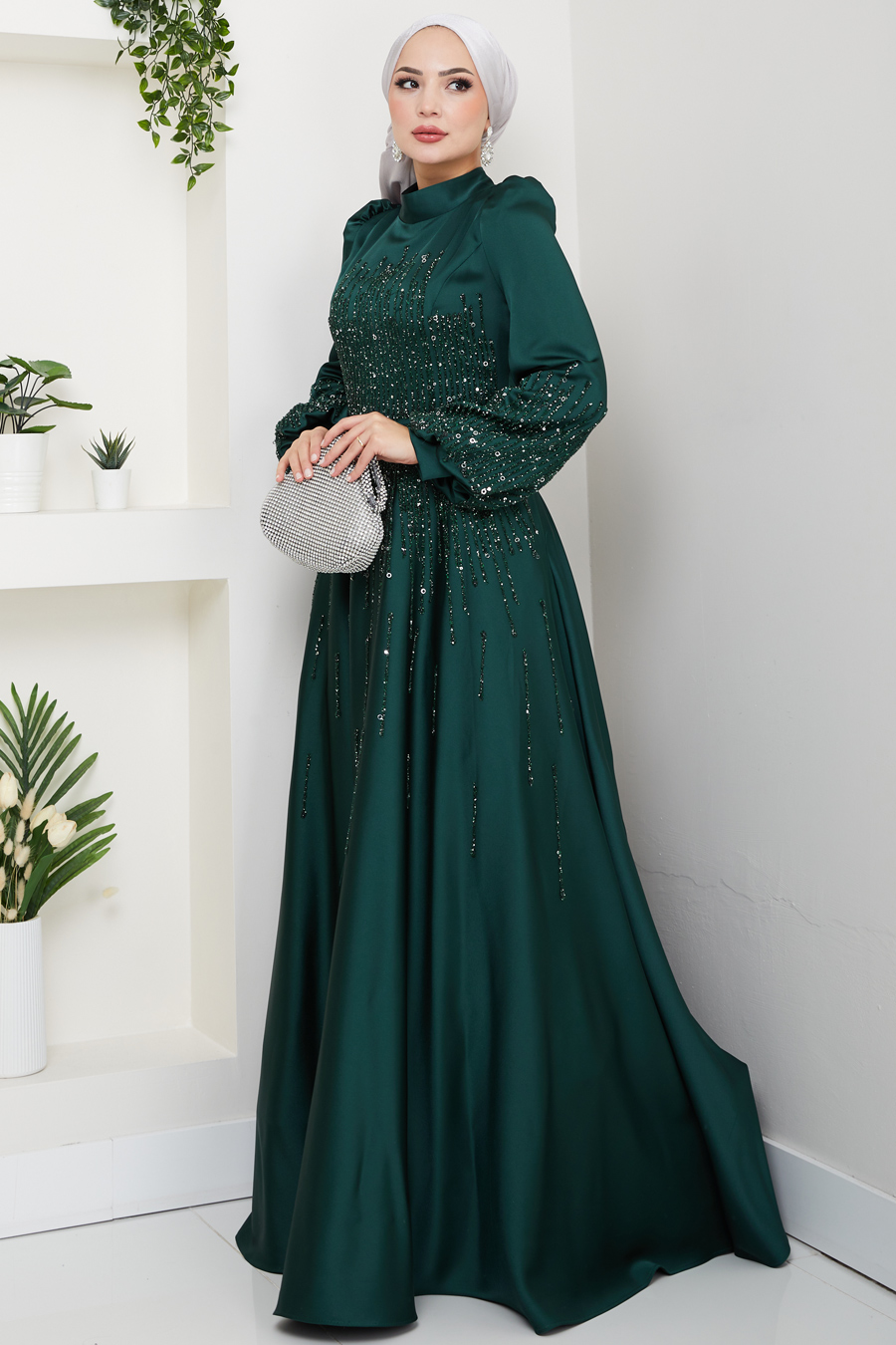Taş Detaylı Abiye Elbise - ZÜMRÜT