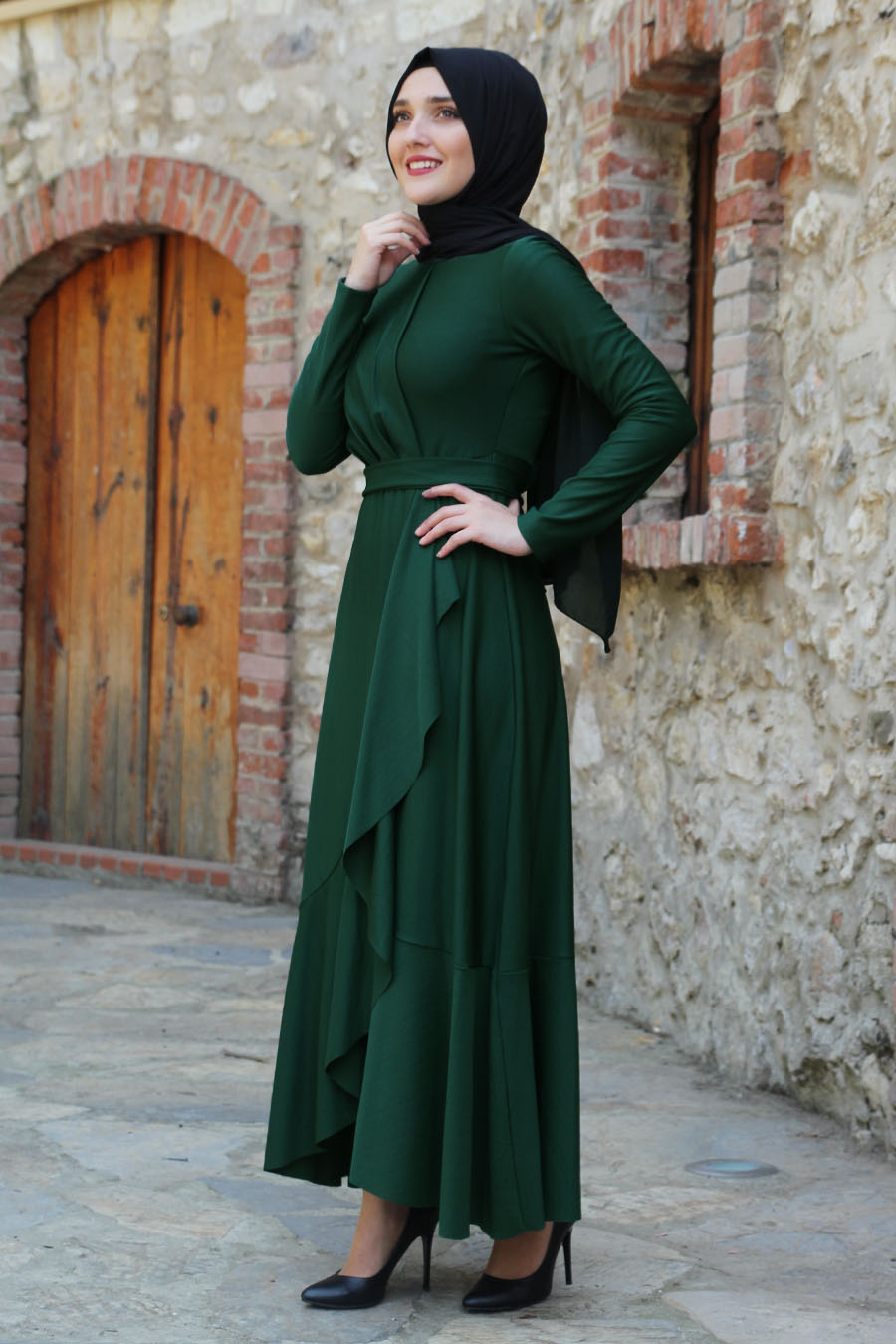 Fırfırlı Tesettür  Elbise - Yeşil