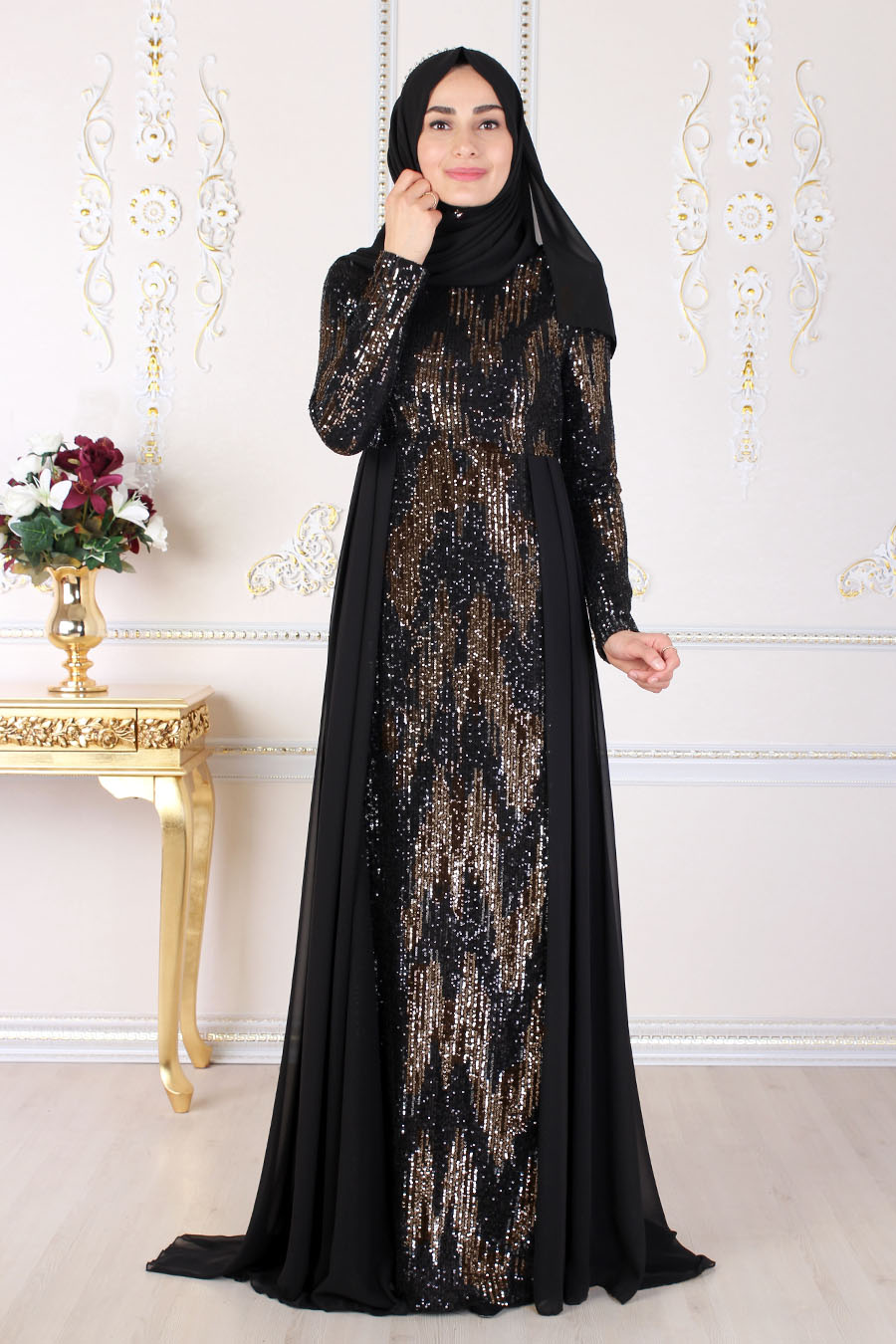 Pul Payet Detaylı Tesettür Abiye Elbise - Black
