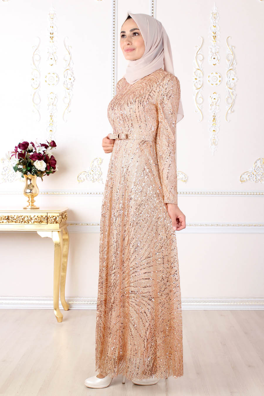 Pul Payet Detaylı Tesettür Abiye Elbise - Gold
