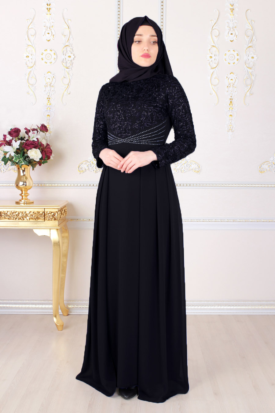 Taş İşleme Kemerli Payet Detaylı  Tesettür Abiye Elbise - Siyah