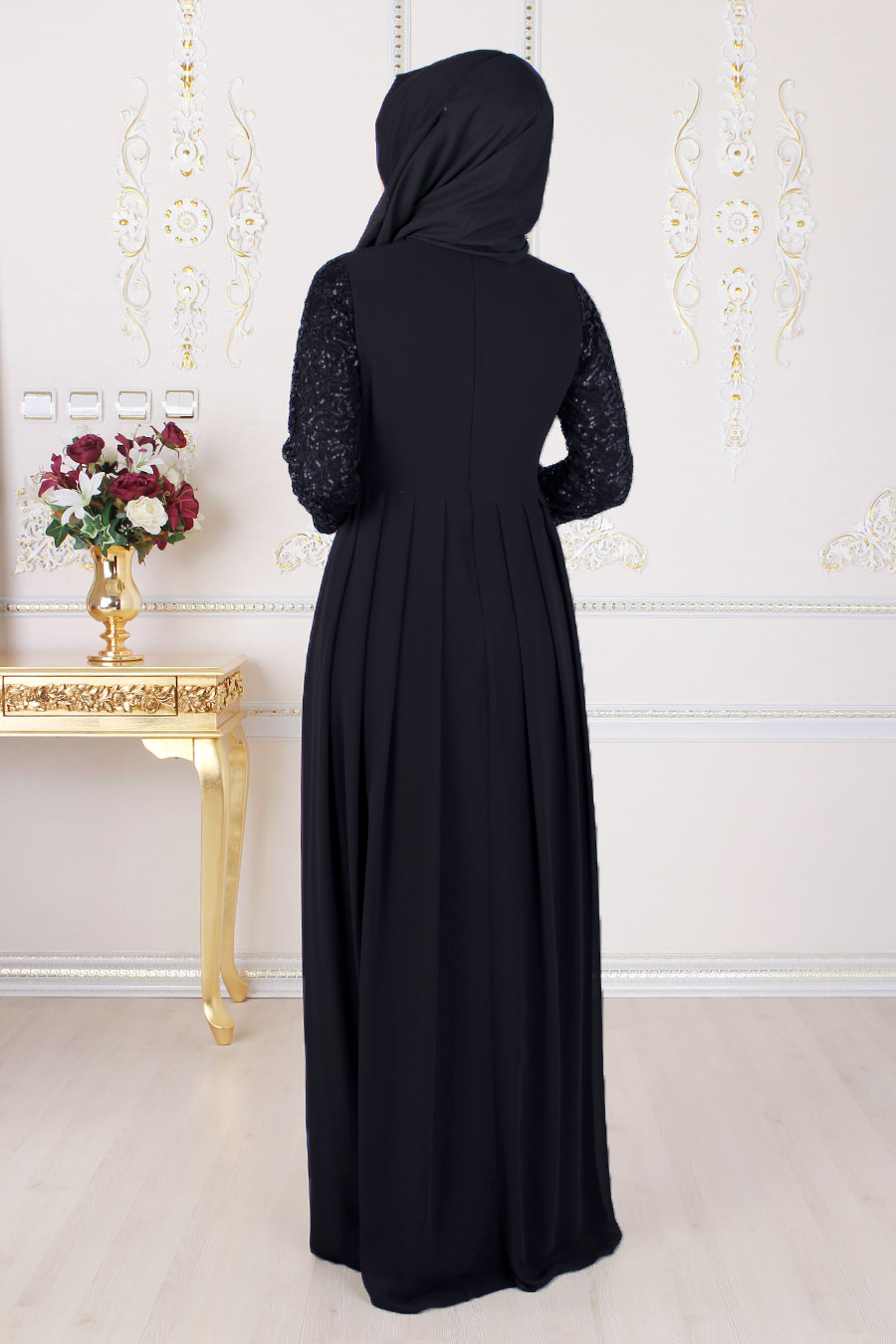 Taş İşleme Kemerli Payet Detaylı  Tesettür Abiye Elbise - Siyah