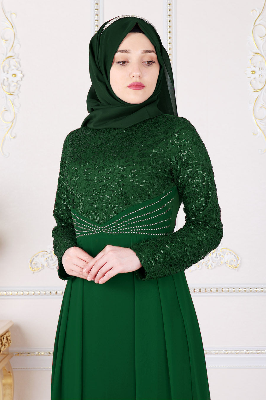 Taş İşleme Kemerli Payet Detaylı  Tesettür Abiye Elbise - Yeşil