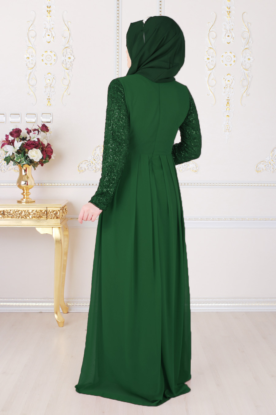 Taş İşleme Kemerli Payet Detaylı  Tesettür Abiye Elbise - Yeşil