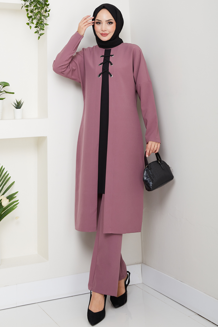 Bağlama Detaylı İkili Tesettür Takım - Gül Kurusu
