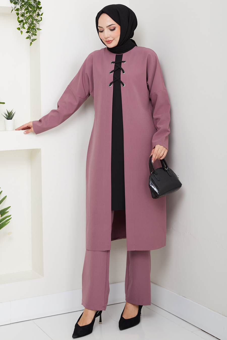 Bağlama Detaylı İkili Tesettür Takım - Gül Kurusu