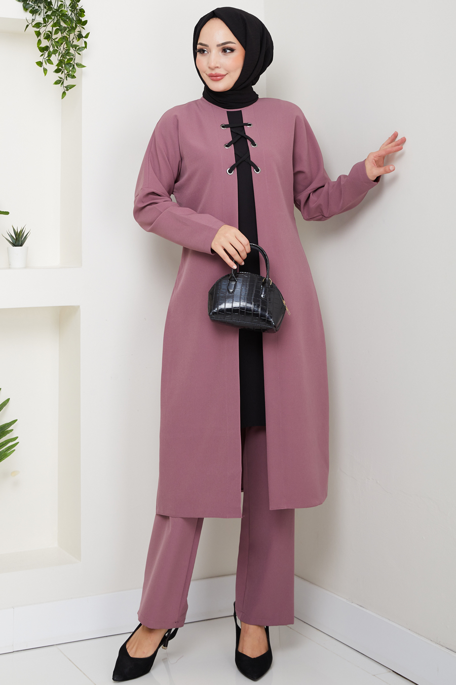 Bağlama Detaylı İkili Tesettür Takım - Gül Kurusu