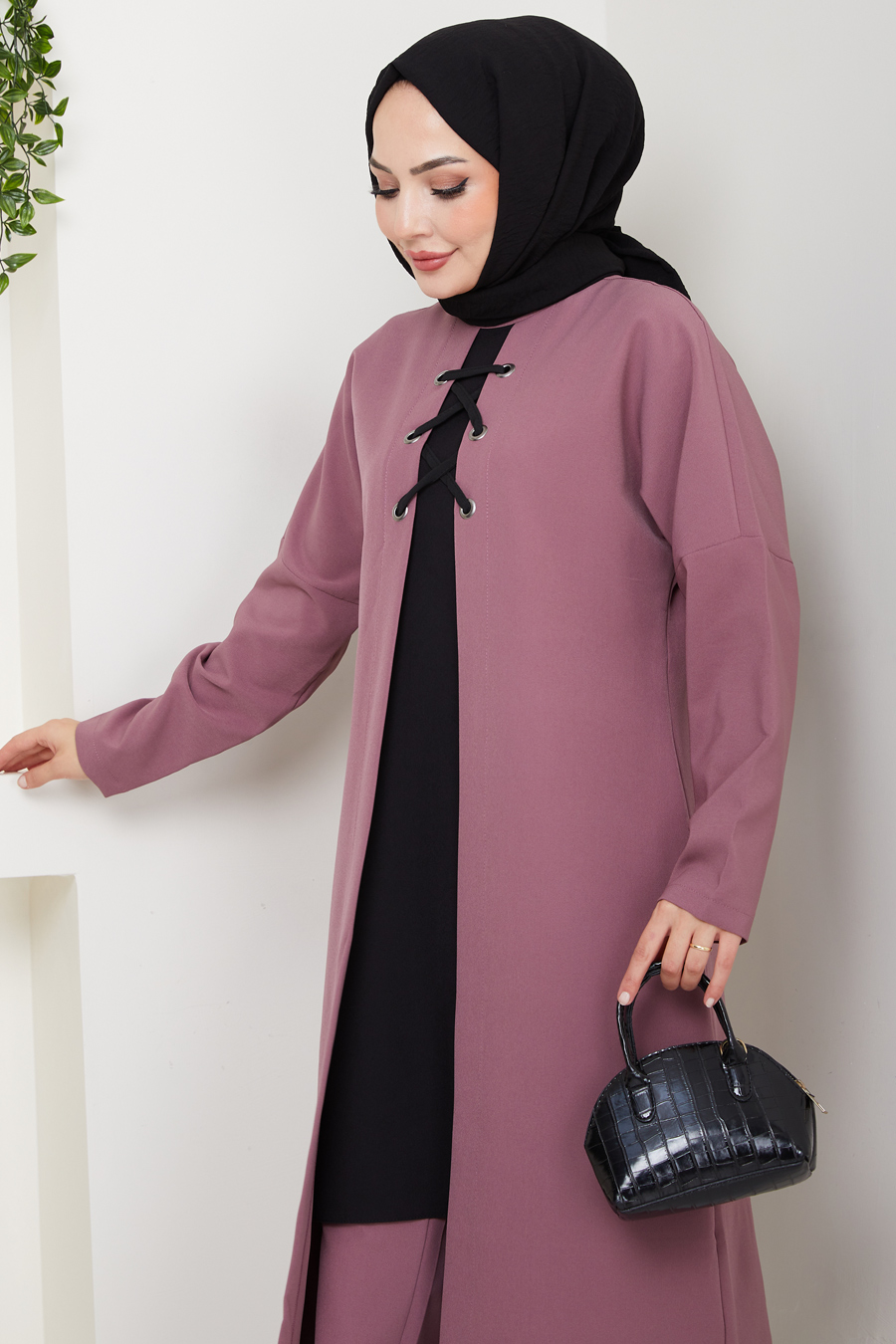 Bağlama Detaylı İkili Tesettür Takım - Gül Kurusu