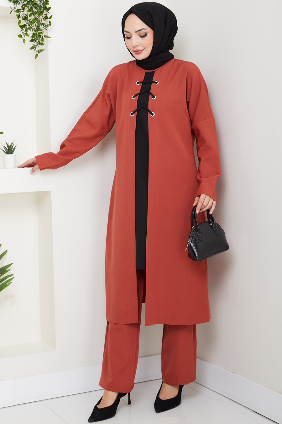 Bağlama Detaylı İkili Tesettür Takım - Kiremit