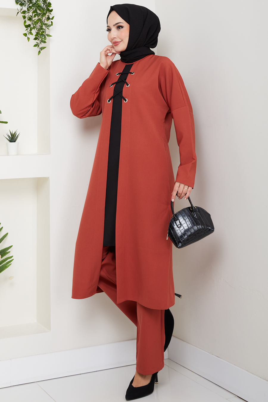 Bağlama Detaylı İkili Tesettür Takım - Kiremit