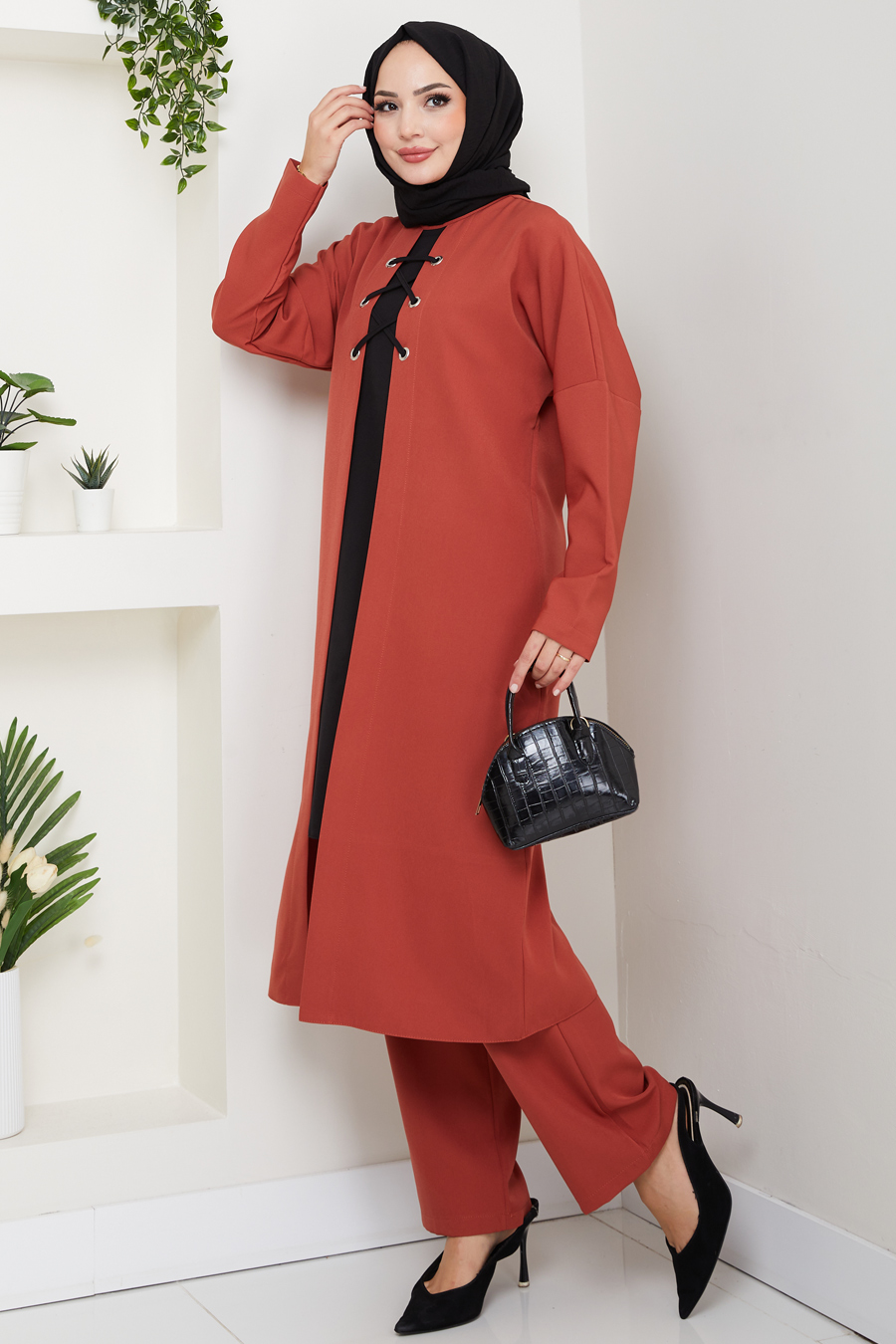 Bağlama Detaylı İkili Tesettür Takım - Kiremit