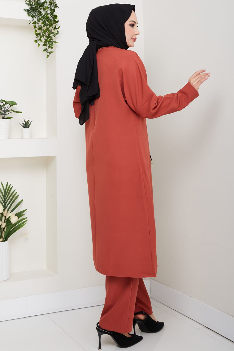 Bağlama Detaylı İkili Tesettür Takım - Kiremit