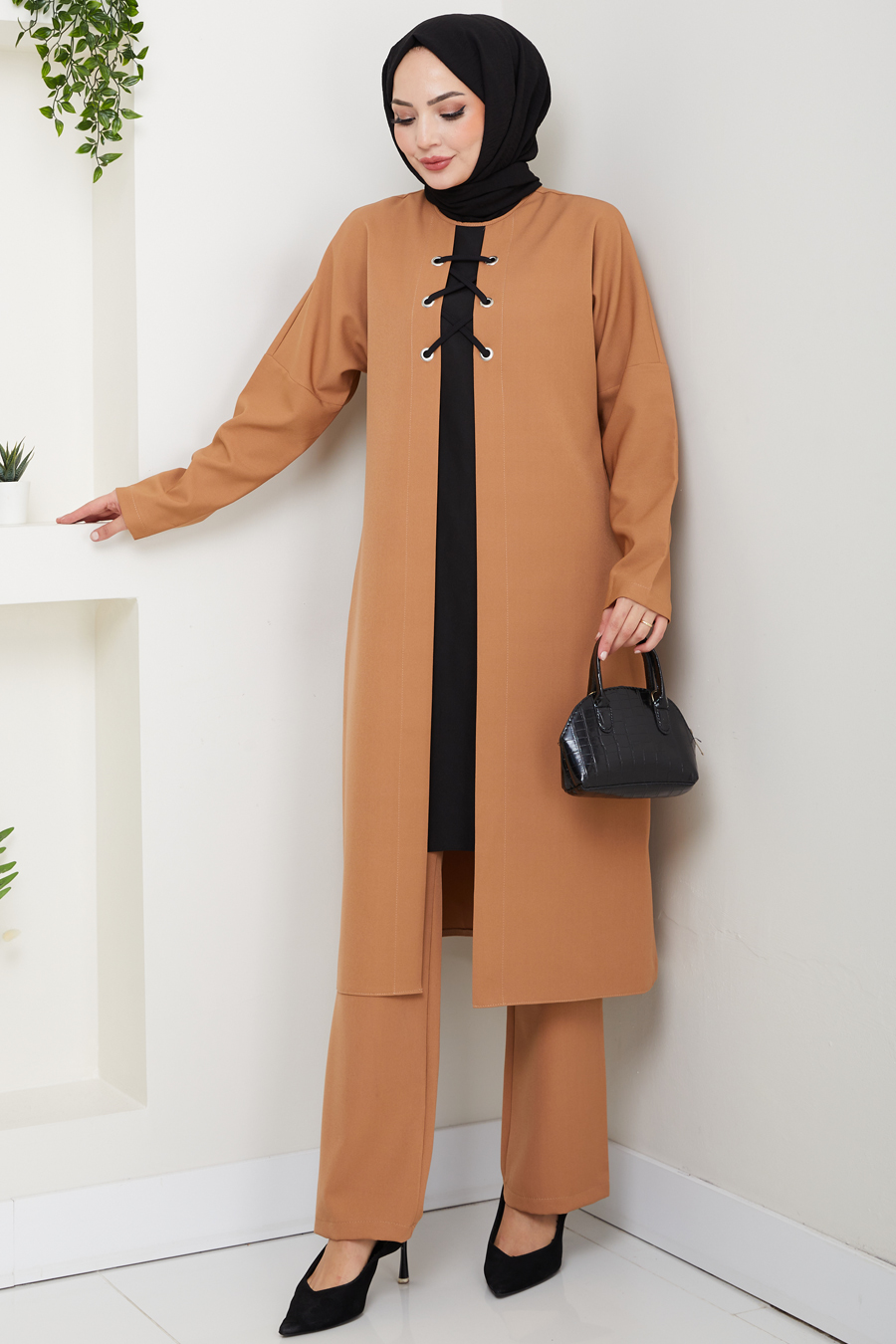 Bağlama Detaylı İkili Tesettür Takım - Taba
